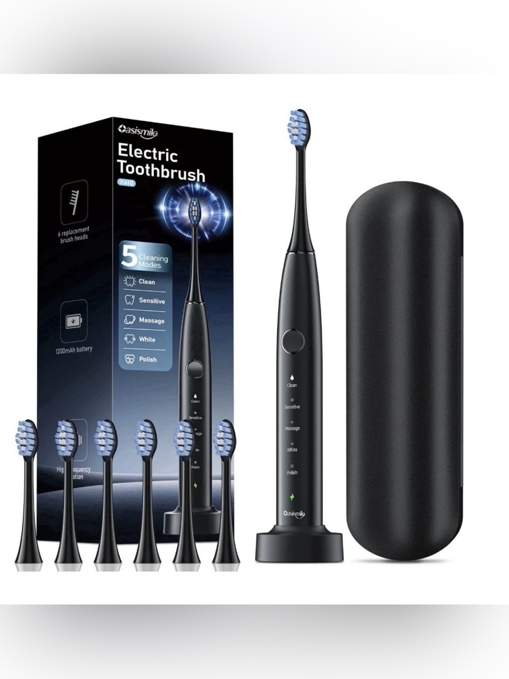 OasiSmile Electric Toothbrush 5 Modes 6 Brush Heads with Travel Case